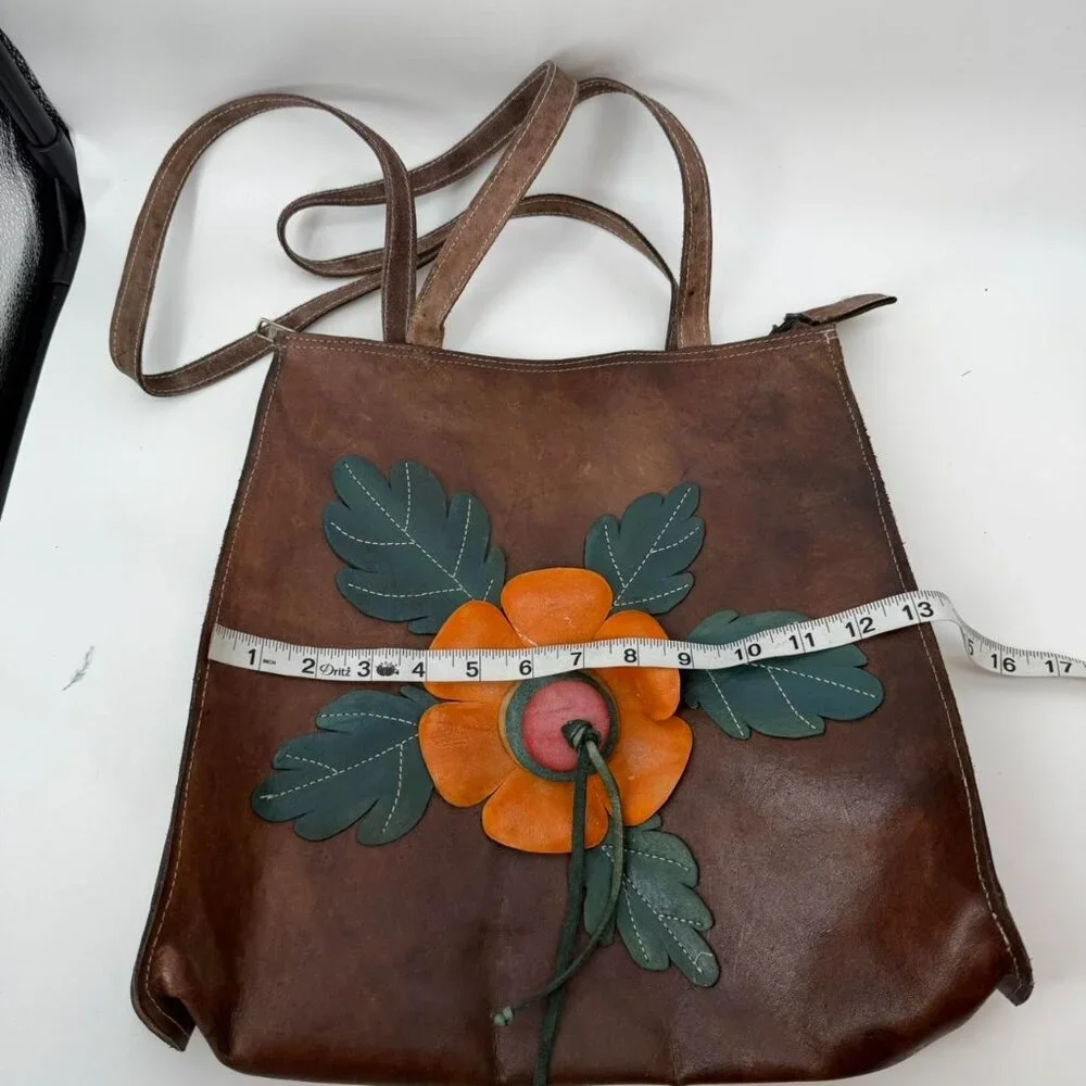 Vintage Handmade Tooled Leather Flower Tote Bag Boho Hippie Artisan Brown